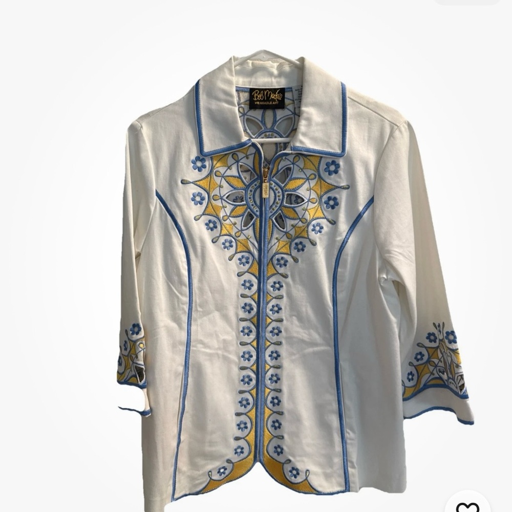 Bob Mackie White wearable art stretch jacket embroidered laser cut white